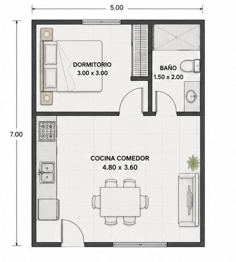 Plano de planta — 1 dormitorio, 35 m², 5×7 m
