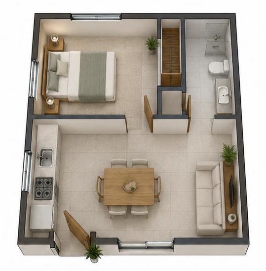 Render 3D casa de 1 dormitorio