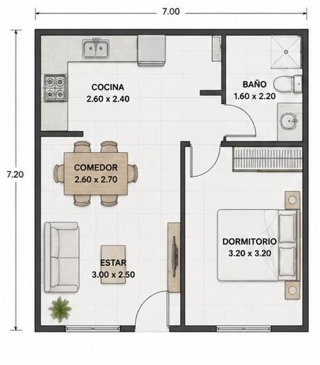 Plano de planta — 1 dormitorio, 50 m², 7×7,2 m