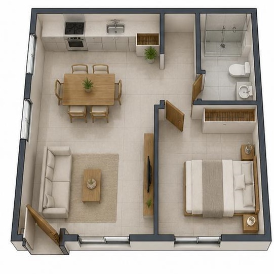Render 3D — 1 dormitorio, 50 m²