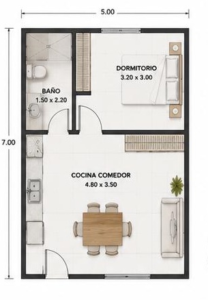 Plano de planta — 1 dormitorio, 35 m², distribución alternativa