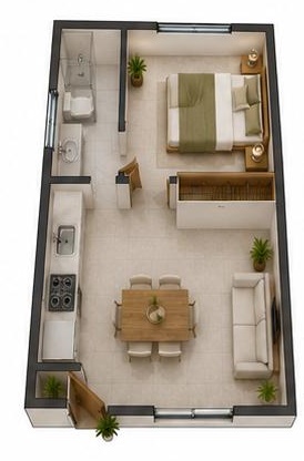 Render 3D — 1 dormitorio, distribución alternativa