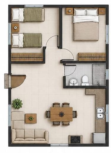 Render ilustrativo casa de 2 dormitorios
