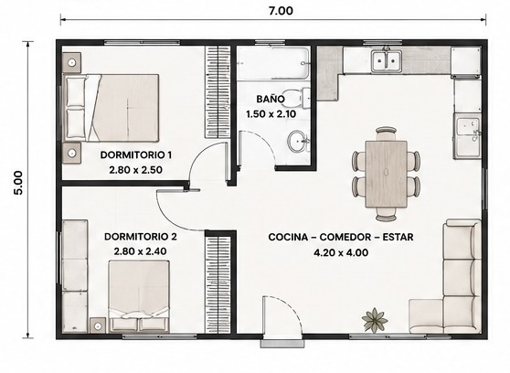 Plano de planta — 2 dormitorios, 35 m², opción 1