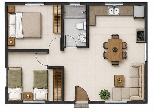 Render 3D — 2 dormitorios, 35 m², opción 1