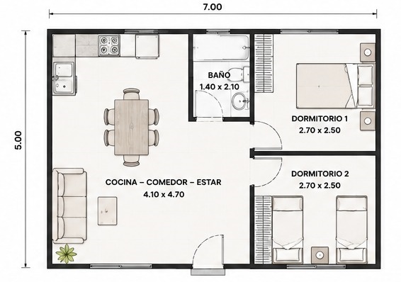 Plano de planta — 2 dormitorios, 35 m², opción 2