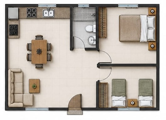 Render 3D — 2 dormitorios, 35 m², opción 2