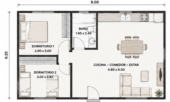 Plano de planta — 2 dormitorios, 50 m², opción 1