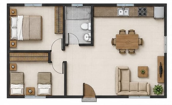 Render 3D — 2 dormitorios, 50 m², opción 1