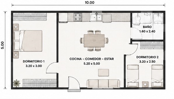 Plano de planta — 2 dormitorios, 50 m², opción 2