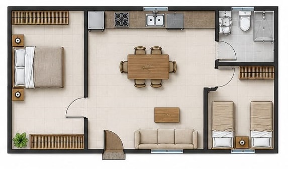 Render 3D — 2 dormitorios, 50 m², opción 2